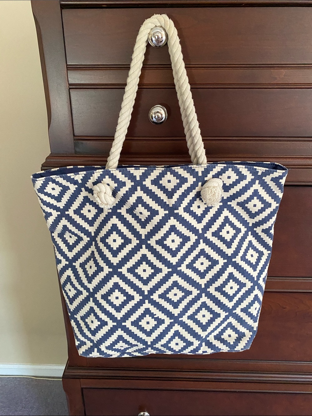 Blue and white beach bag
